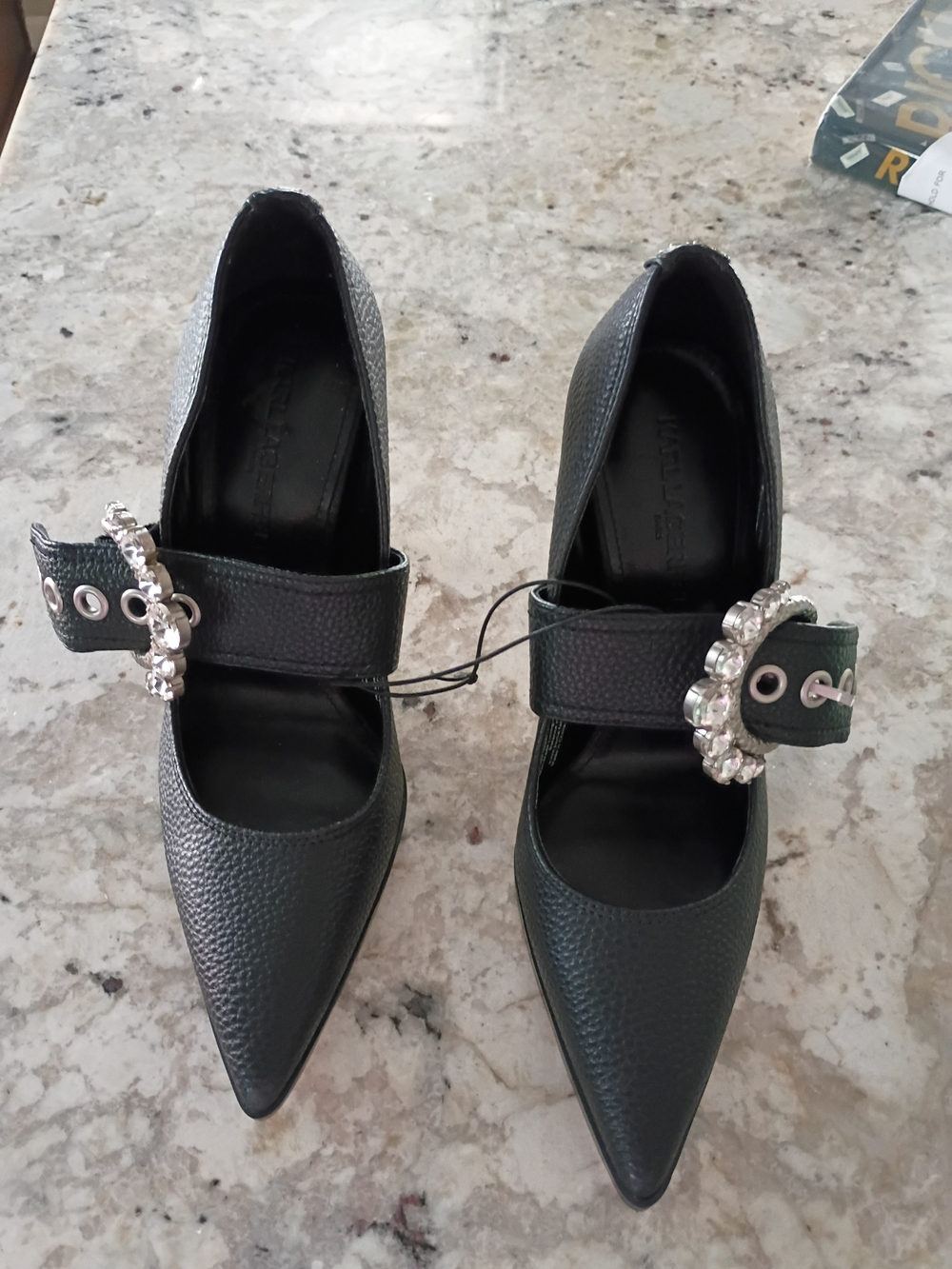 Karl Lagerfeld Black Pointed Mary Jane Pumps with Crystal Buckles